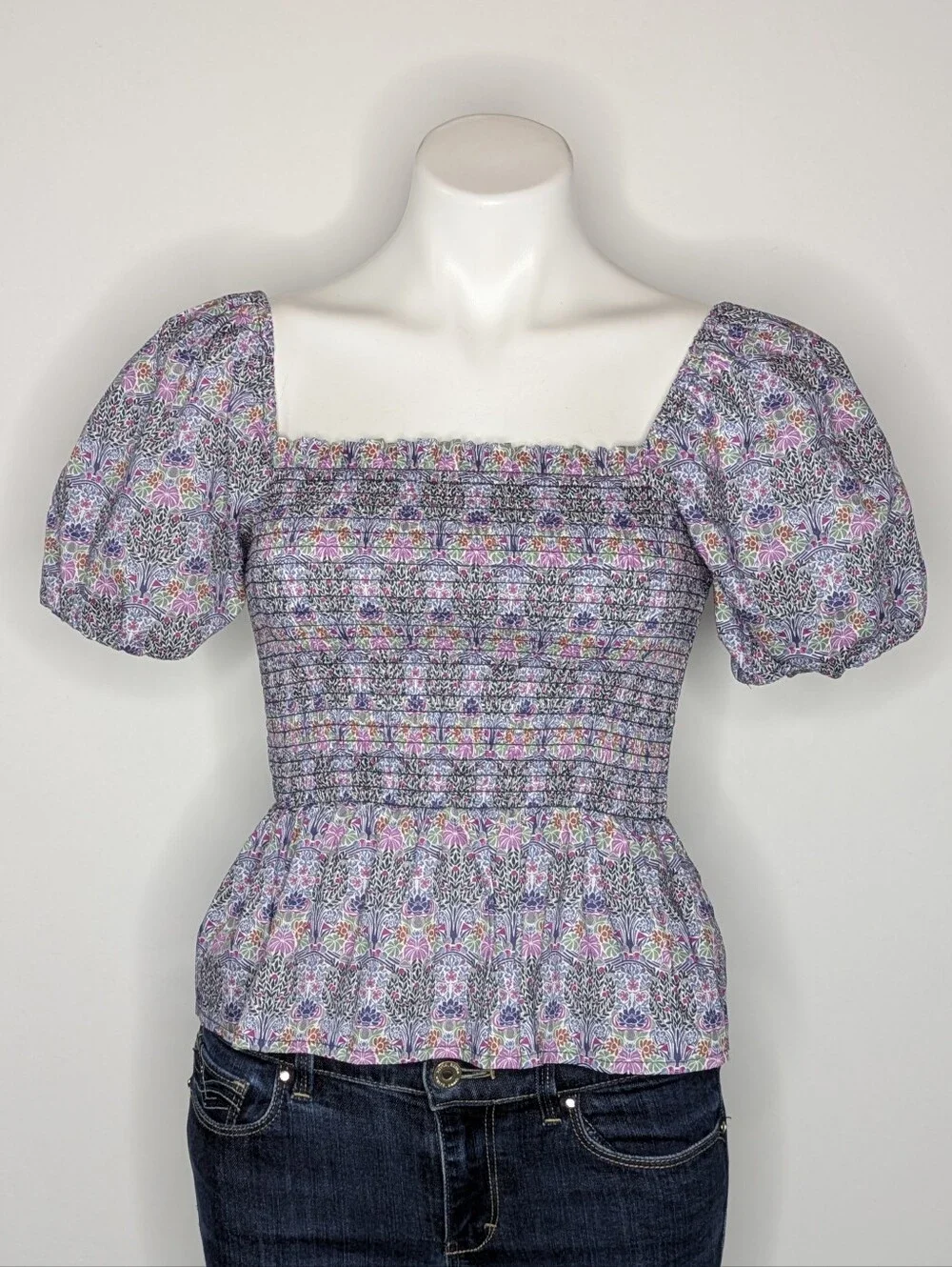J Crew Liberty London Purple Pink Floral Smocked Peplum Puff Sleeve Blous XS